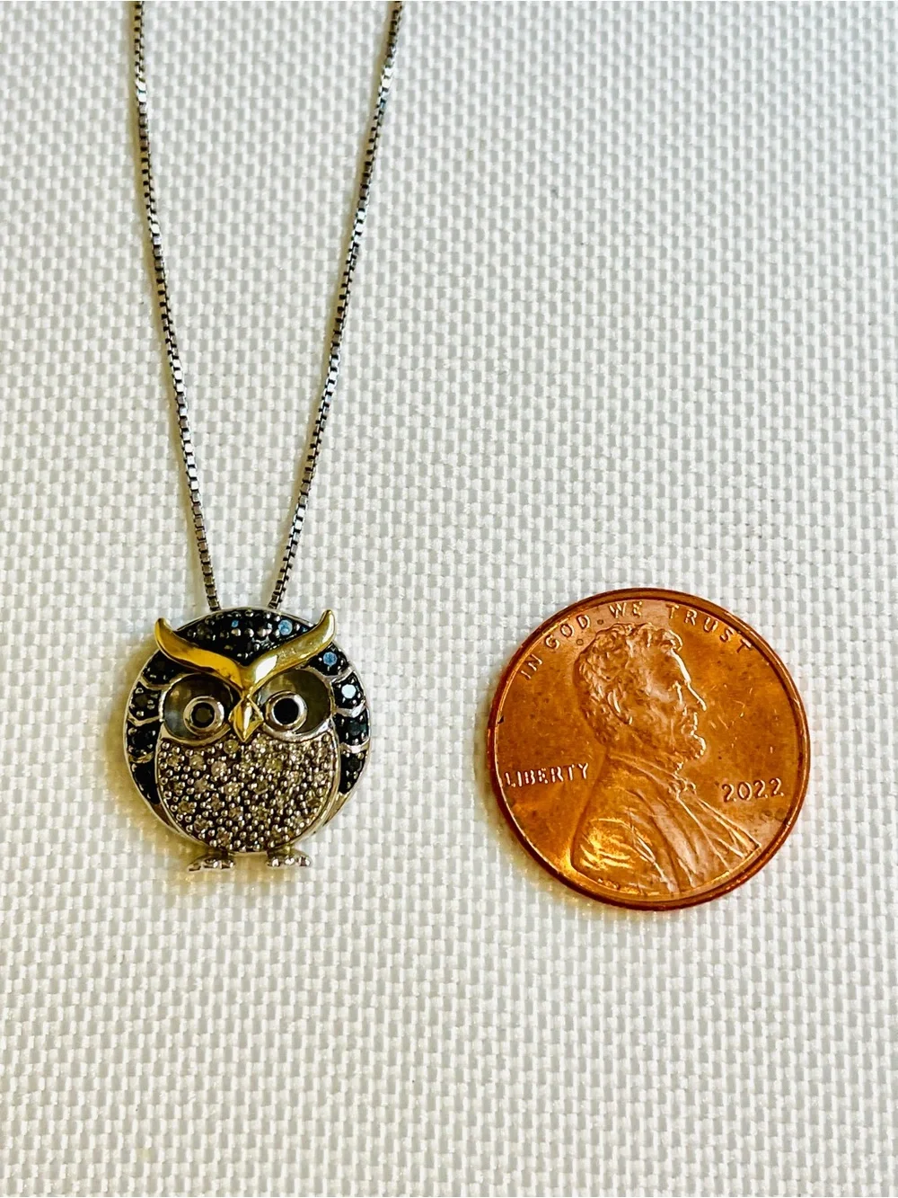 10K Yellow Gold Sterling Silver Black White Diamond Chubby Owl Necklace